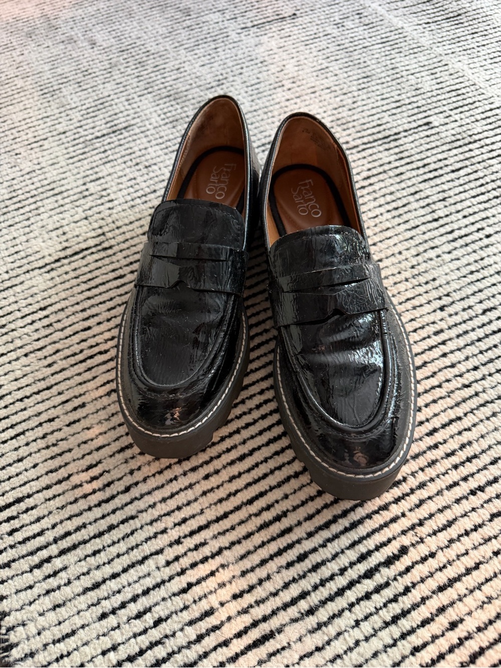 Franco Sarto Black Patent Leather Penny Loafers with Chunky Sole